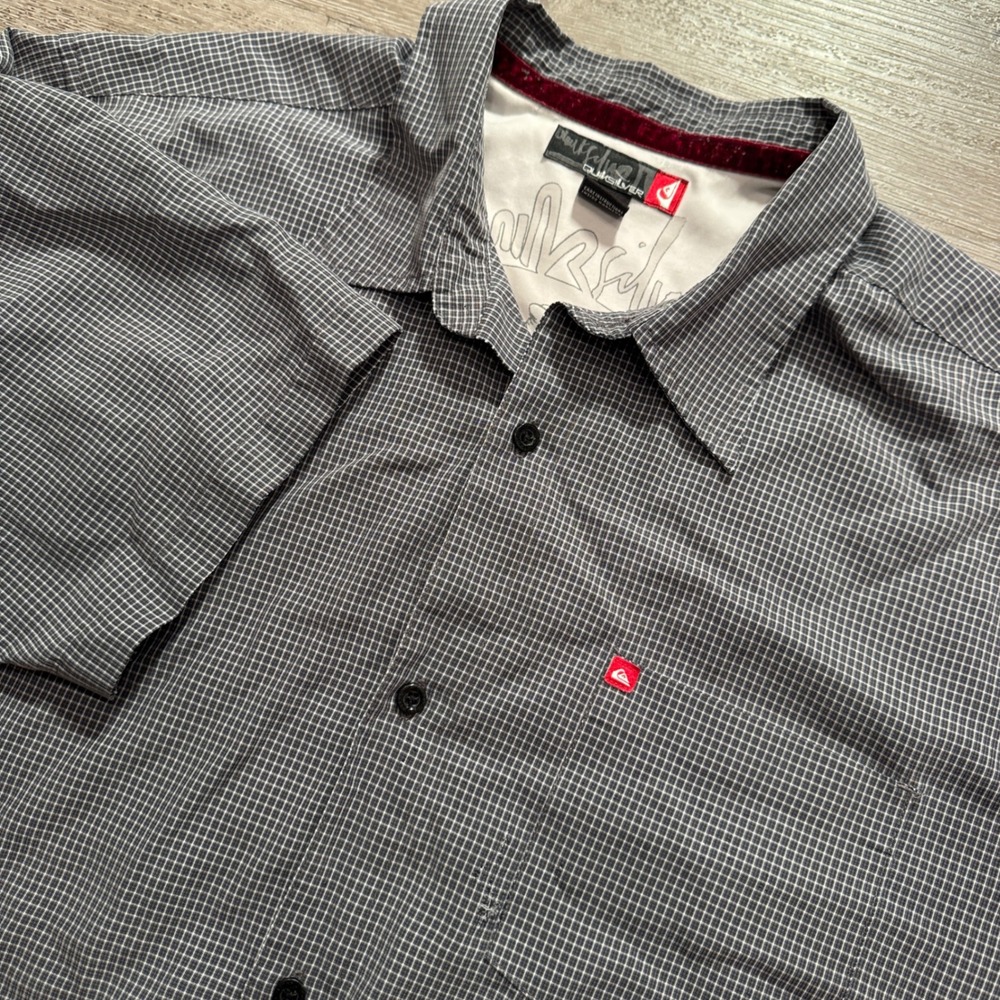 Vintage Quiksilver Shirt Mens L Gray Micro Check Cropped Grunge Surf Skate Y2K